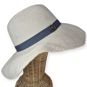 CUBAVERA White Straw Hat Women's Wide Brim Navy Band & Leaf Detail Resort Retro